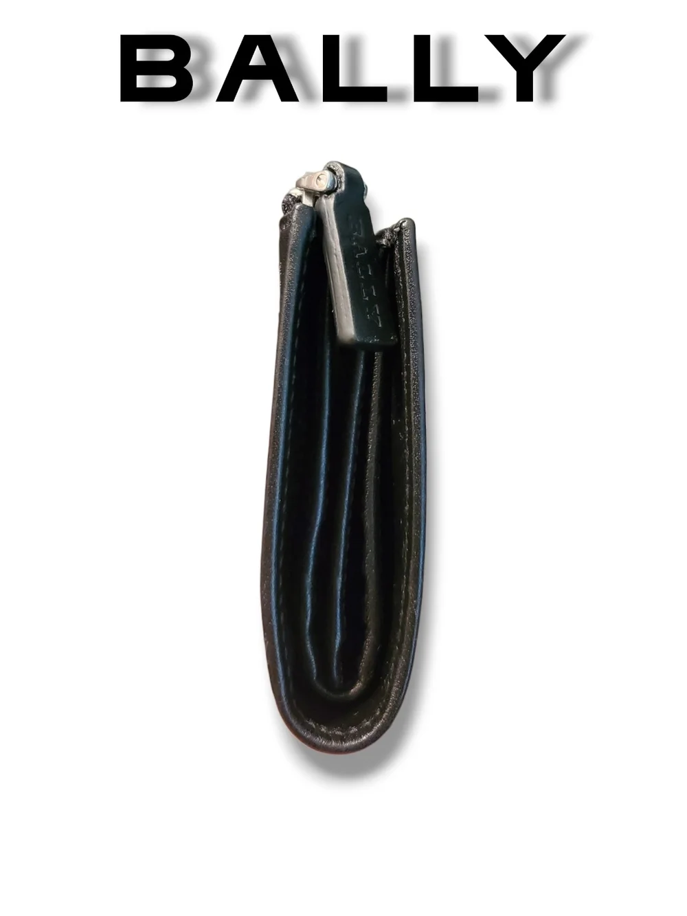 Authentic Bally Black Leather Striped Bifold Compact Wallet with Side Zip